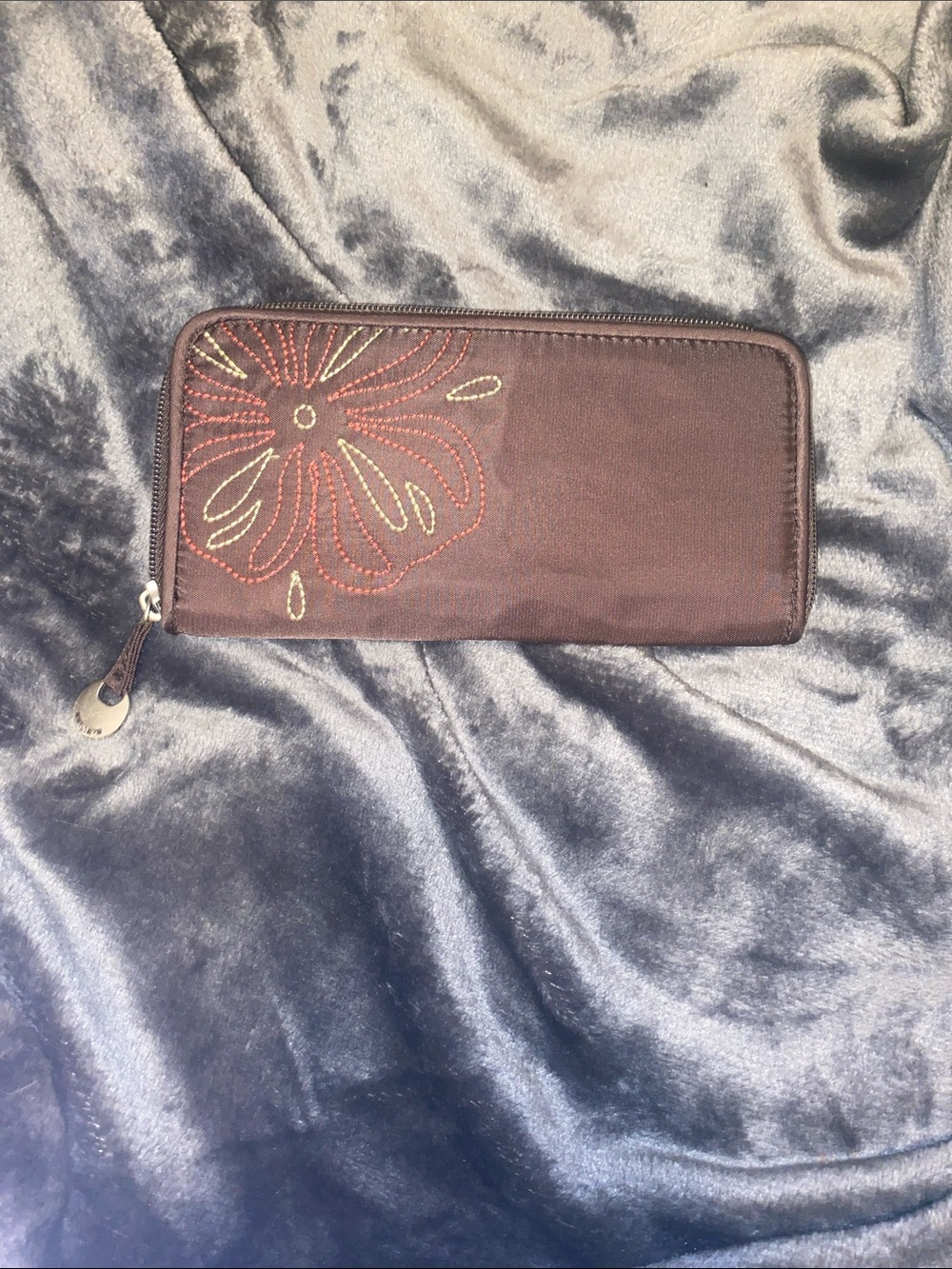 Travelon Chocolate Brown Zip Wallet with Red and Cream Floral Stitching